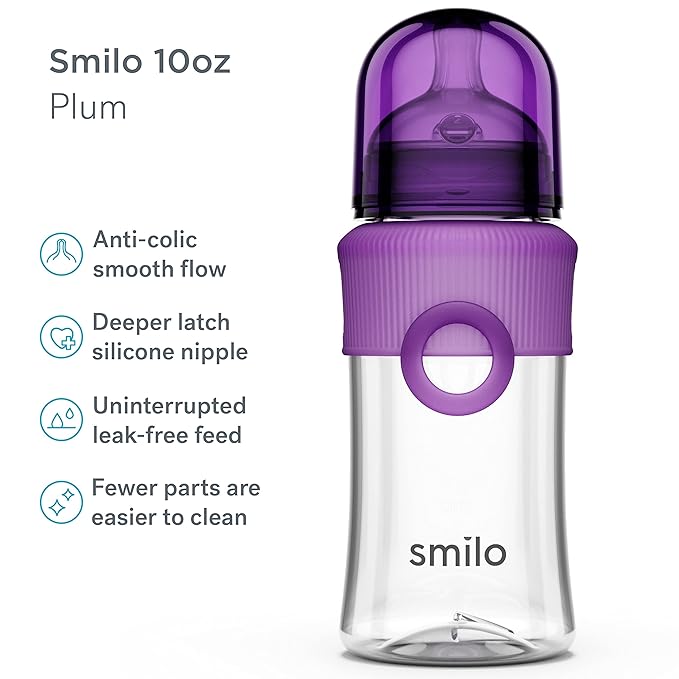 Smilo Baby Bottle Set with Stage 0 Slow Flow Anti Colic Nipple, 10 Oz / 300 ml Capacity, 3X Pack of Anti Colic Baby Bottles 0-3 Months - Plum Purple