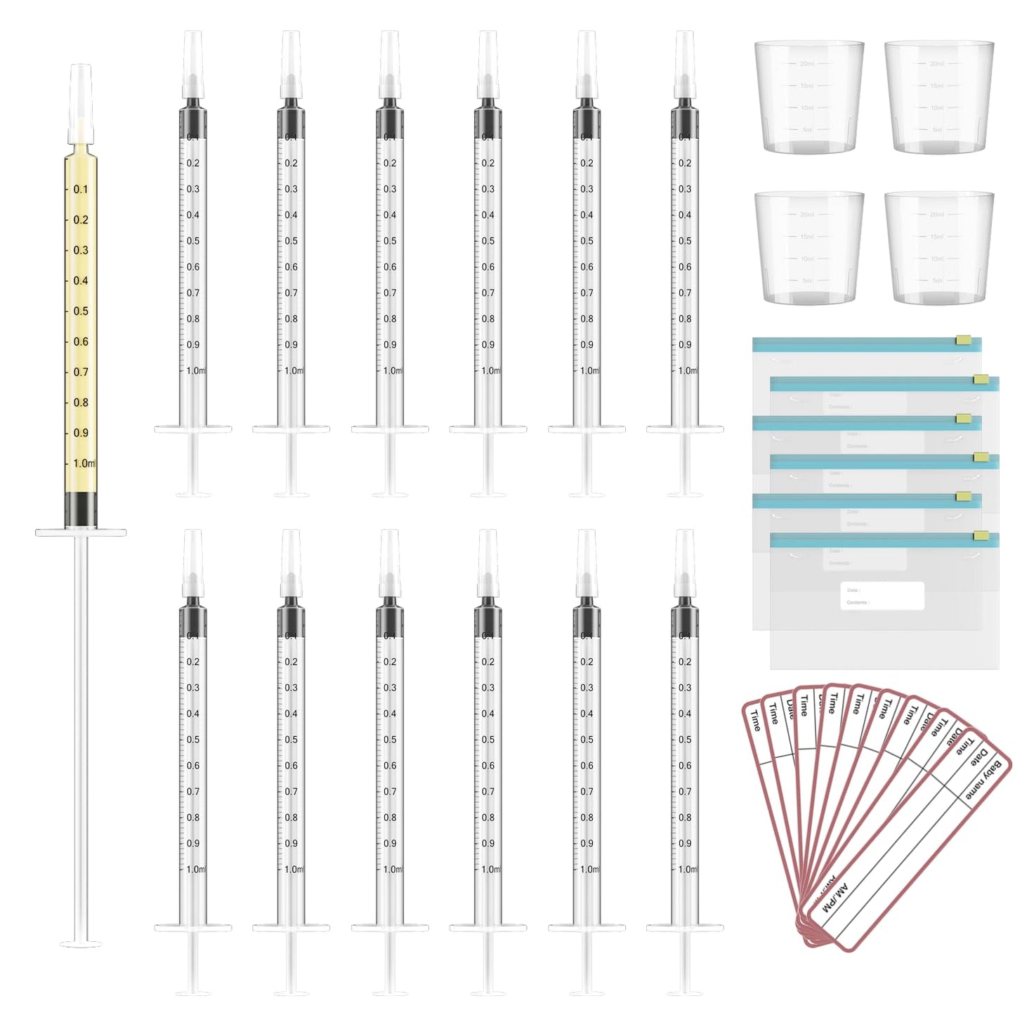 60 Sets 1Ml Colostrum Collector Kit Include 60 1ml No Needle Sterile Syringes with Cap, 4 Measuring Cup, 6 Zip-lock Storage Bags, 60 Labels for Breast Milk Collector