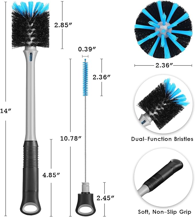 2-in-1 Bottle and Straw Cleaning Brush, Long Handle Water Bottle Cleaner Brush for Sports Bottles, Baby Bottles, Mugs, Straws, 2 Pack