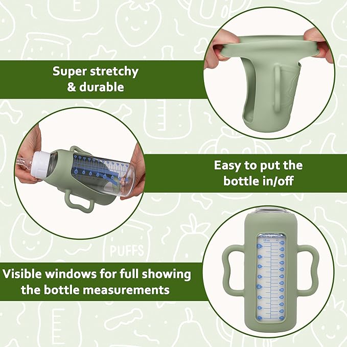 KingKam 4 Pack Silicone Sleeves for Dr. Brown's Glass Baby Bottles, Drop Protection Easy-Grip Baby Bottle Sleeves Holder with Handles, Compatible with Dr. Brown's Narrow Glass Bottles 8oz