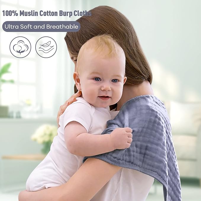 Yoofoss Muslin Burp Cloths for Baby 10 Pack 100% Organic Cotton Baby Washcloths for Boys Girls Large 20''X10'' Super Soft and Absorbent Fog Blue