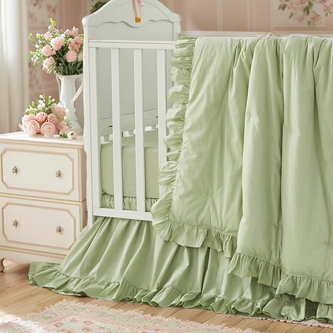 Brandream Farmhouse Crib Bedding Sets for Girls and Boys | 3 Piece Nursery Set Light Green Ruffles | Baby Comforter, Fitted Crib Sheet, Crib Skirt Included,100% Cotton Percale