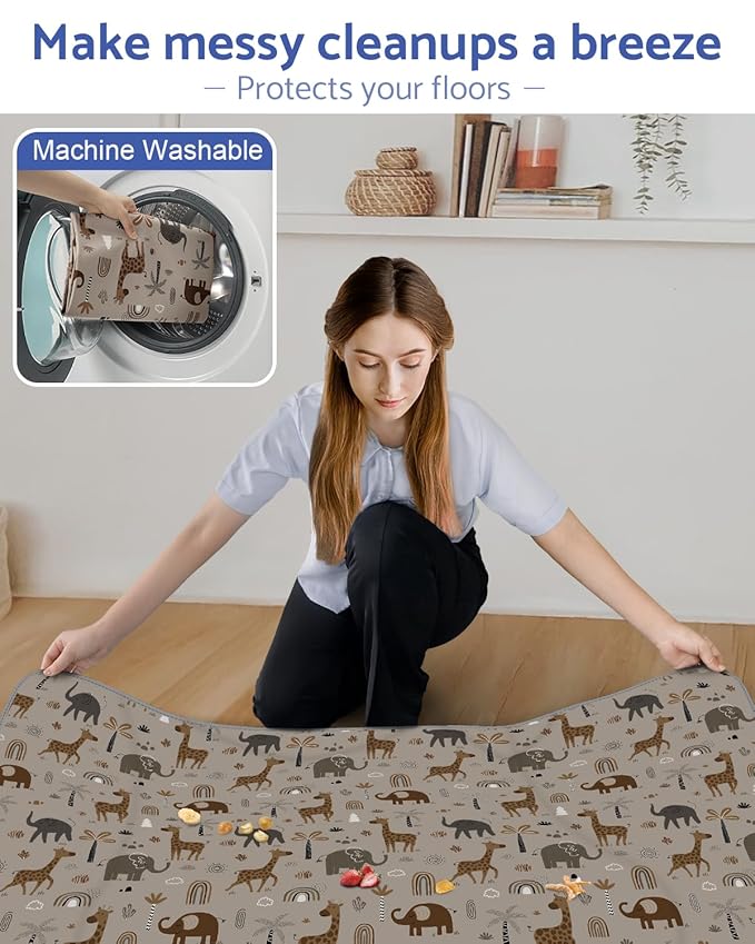 Blissful Diary Baby Splat Mat for Under High Chair, 50.4 x 50.4 Inch Wipeable Splash Mat, Waterproof and Washable, Anti-Slip Floor Protector, Elephant&Giraffe