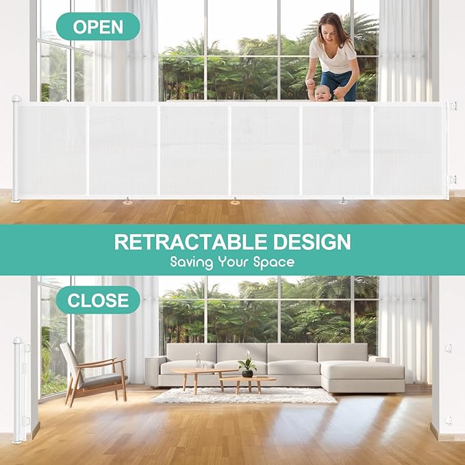 Upgrade 150 inch Retractable Baby Gates, EZIGO Extra Wide Baby Gate for Large Opening Extra Long Mesh Gate for Kids or Pet Dog Gate Child Safety Gate for Stairs Hallways Doorway Indoor Outdoor, White