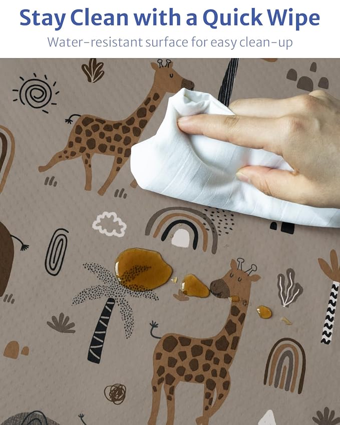 Blissful Diary Baby Splat Mat for Under High Chair, 50.4 x 50.4 Inch Wipeable Splash Mat, Waterproof and Washable, Anti-Slip Floor Protector, Elephant&Giraffe