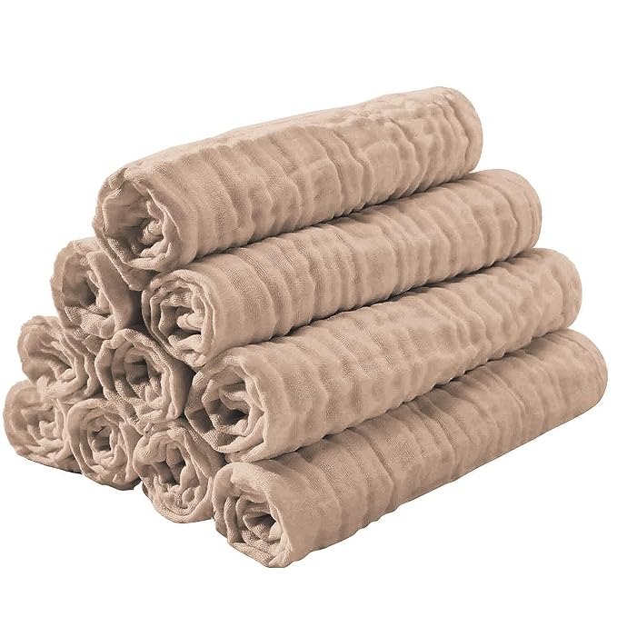 Yoofoss Muslin Burp Cloths for Baby 10 Pack 100% Organic Cotton Baby Washcloths for Boys Girls Large 20''X10'' Super Soft and Absorbent Brown