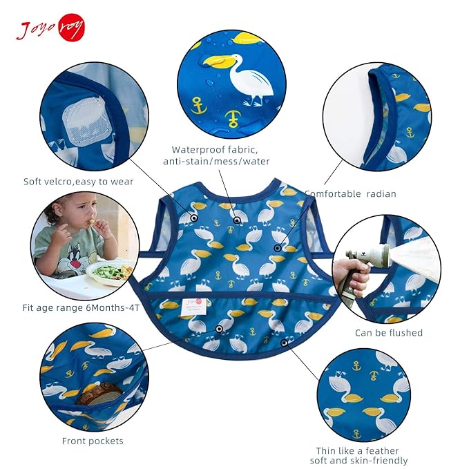Joyo roy Mess Proof Baby Bibs 3-10 Months Waterproof Toddler Baby Boy Bibs for Eating Machine Washable Sleeveless Infant Smock Bib Travel Reusable Led Weaning Apron for Feeding Bib with Food Catcher