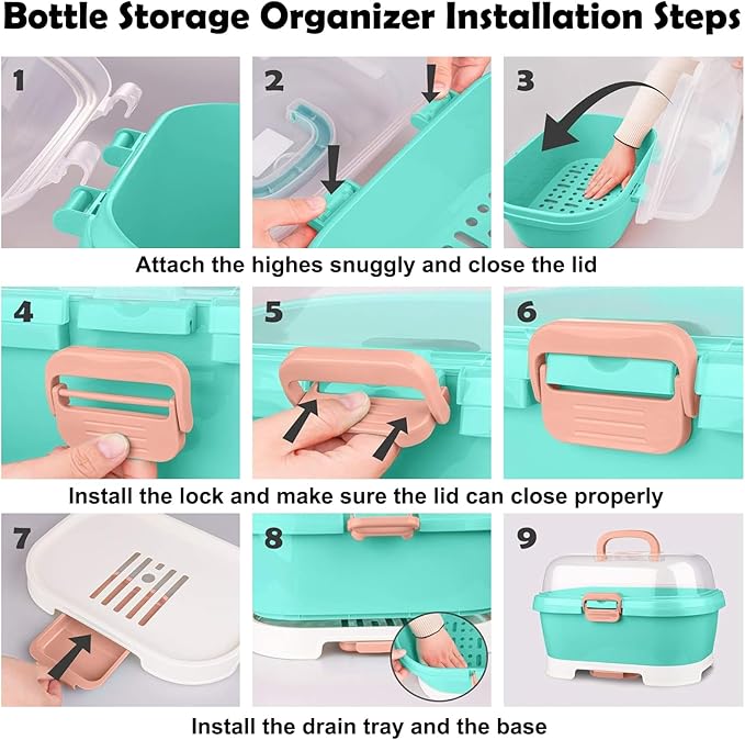 Baby Bottle Organizer for Storage, Baby Bottle Storage Large Capacity with Lid Cover Anti-Dust Protection and Cutlery Storage Drying Rack Portable Large Capacity Bottle Organizer(Green)