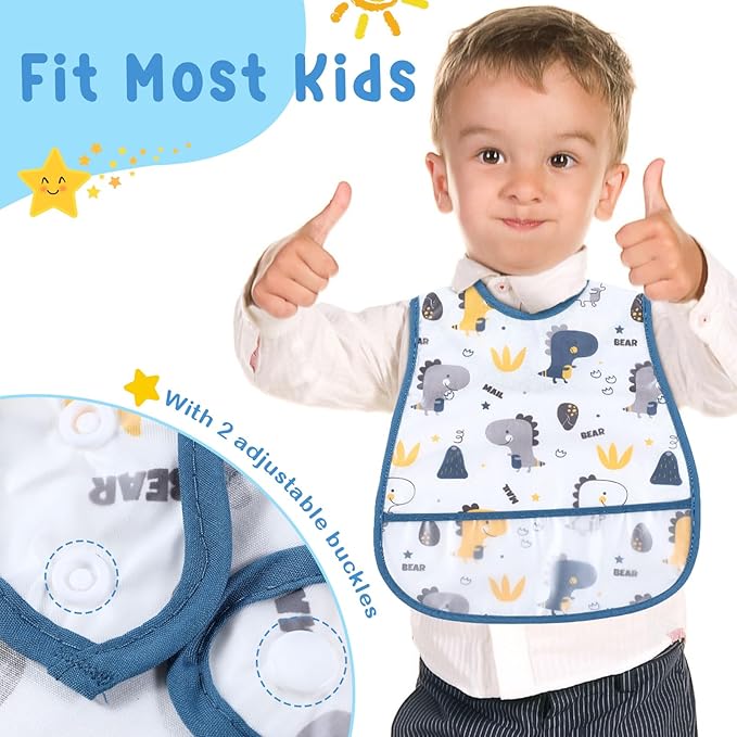 Jeyiour 24 Pcs Baby Waterproof Bibs with Food Catcher Adjustable Snaps Plastic Feeding Bibs for Toddlers, 6 to 36 Months