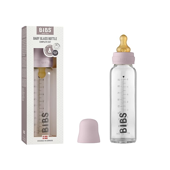 BIBS Baby Glass Bottle. Anti-Colic. Round Natural Rubber Latex Nipple. Supports Natural Breastfeeding, Complete Set - 225 ml, Dusky Lilac