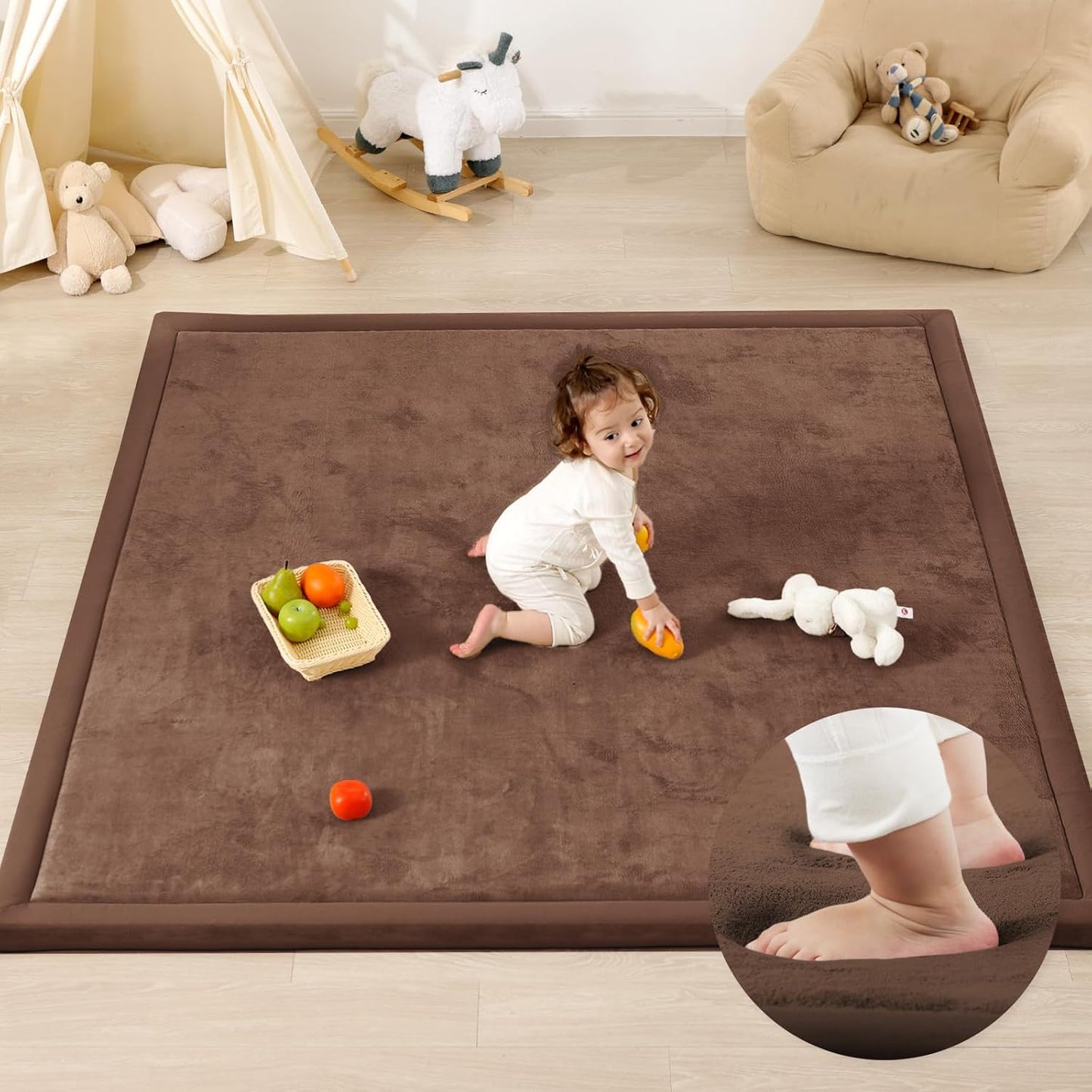 1.3" Thick Baby Play Mat,Ultra Soft Elasti-Foam 50×50 Playpen Mat for Tummy Time,Water-Repellent Coral Fleece Nursery Rug for Infants,Toddlers,Kids,Non-Slip Safe for Crawling(Chocolate Brown)