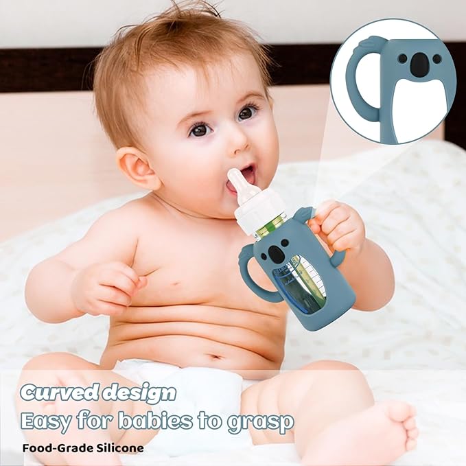 HUAKENER 3 Pack Silicone Sleeves with Handles for Dr Brown's Glass Baby Bottles 4 oz, Anti Breakage Baby Bottle Holder, Compatible with Dr. Brown's Natural Narrow Glass Baby Bottles