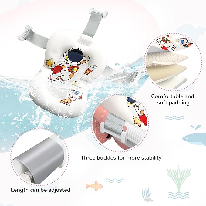 Collapsible Baby Bathtub for Newborn to Toddler (0-24 Months), Portable Baby Bath Tub for Travel, Newborn Bathtub with Soft and Supportive Cushion (Astronaut-Pink)