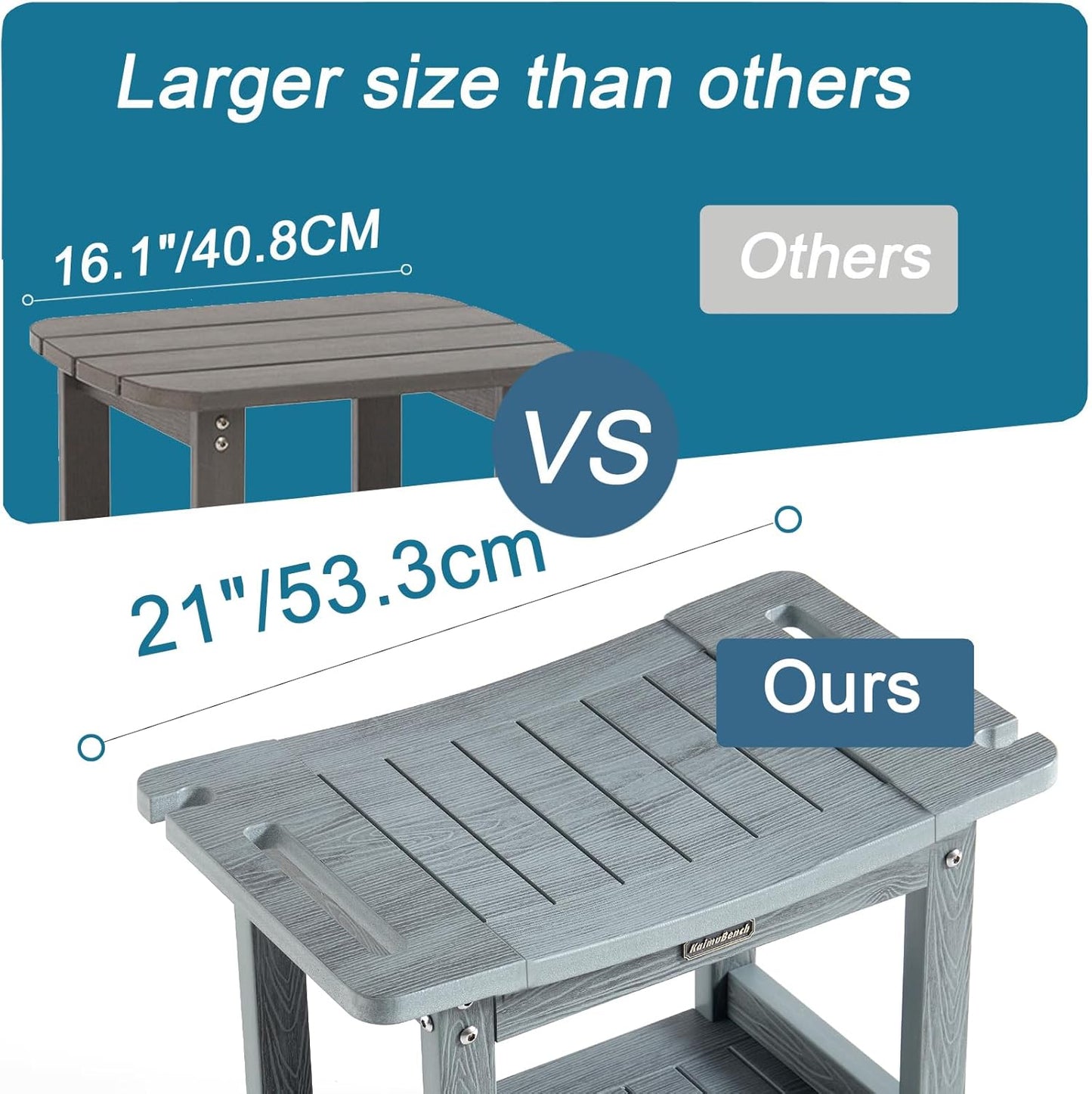 HDPS Shower Bench for Inside Shower, Gray Waterproof Shower Stool for Shaving Legs, Poly Lumber Shower Chair Seat with Handles & Shower Head Holder, Bathroom Shower Foot Rest Stool with Storage Shelf
