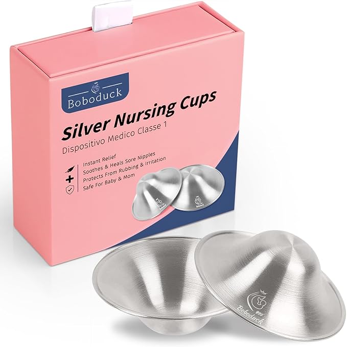Boboduck The Original Silver Nursing Cups - Nipple Shields for Nursing Newborn, Newborn Breastfeeding Must Haves for Soothe and Protect Your Nursing Nipples - Trilaminate 999 Silver (X-L Size)