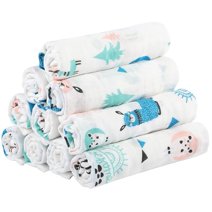Yoofoss Muslin Burp Cloths for Baby 10 Pack 100% Organic Cotton Baby Washcloths for Boys Girls Large 20''X10'' Super Soft and Absorbent Alpaca
