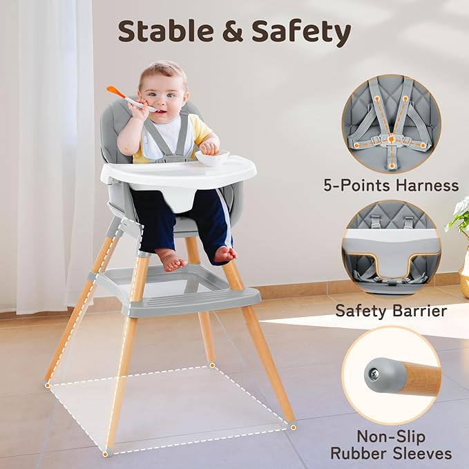 Ezebaby 6 in 1 High Chairs for Babies and Toddlers, Baby High Chair Convertible to Booster Seat and Toddler Chair, Wooden High Chair with Storage and Dishwasher Safe Tray