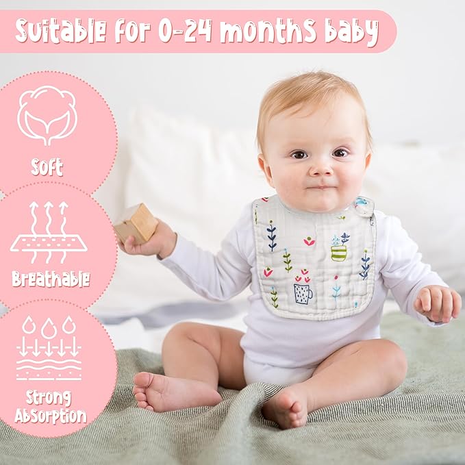 Zainpe 6Pcs Snap Muslin Cotton Baby Bibs Spring Butterflies Flowers Bib with 6 Absorbent Soft Layers Adjustable Burp Cloths for Infant Girl Boy Toddler Drooling Eating Teething Feeding 0 to 24 Months