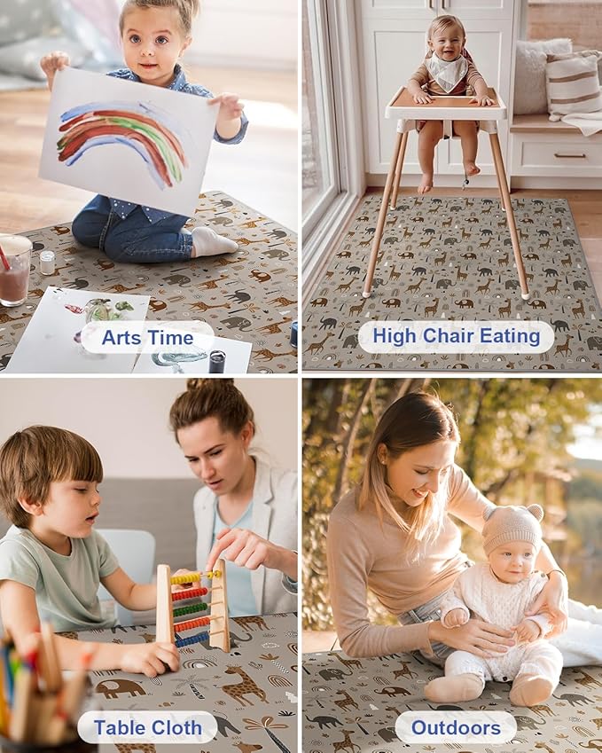 Blissful Diary Baby Splat Mat for Under High Chair, 50.4 x 50.4 Inch Wipeable Splash Mat, Waterproof and Washable, Anti-Slip Floor Protector, Elephant&Giraffe