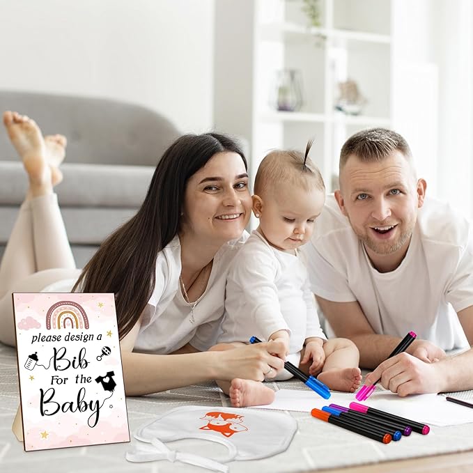 Newwiee 55 Pcs White Bibs for Baby Decorating Design a Bib Decorate Plain newborns Bibs Wooden Sign for Baby Shower Games Kit