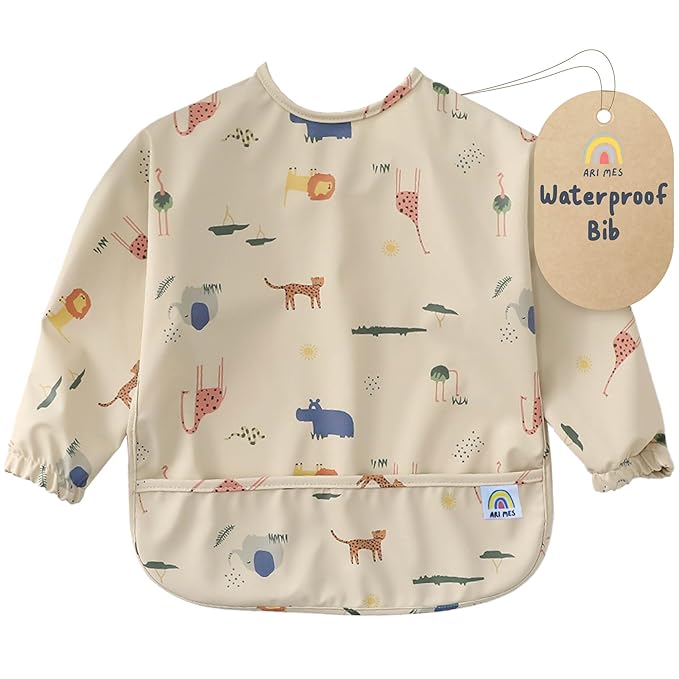 ARI MES Long Sleeves Waterproof Baby Bibs for Eating - Animals, Medium- Wearable, Coverall for Toddler, Long Sleeve Bib, Smock Apron for Feeding - Applicable for 6-72 Months