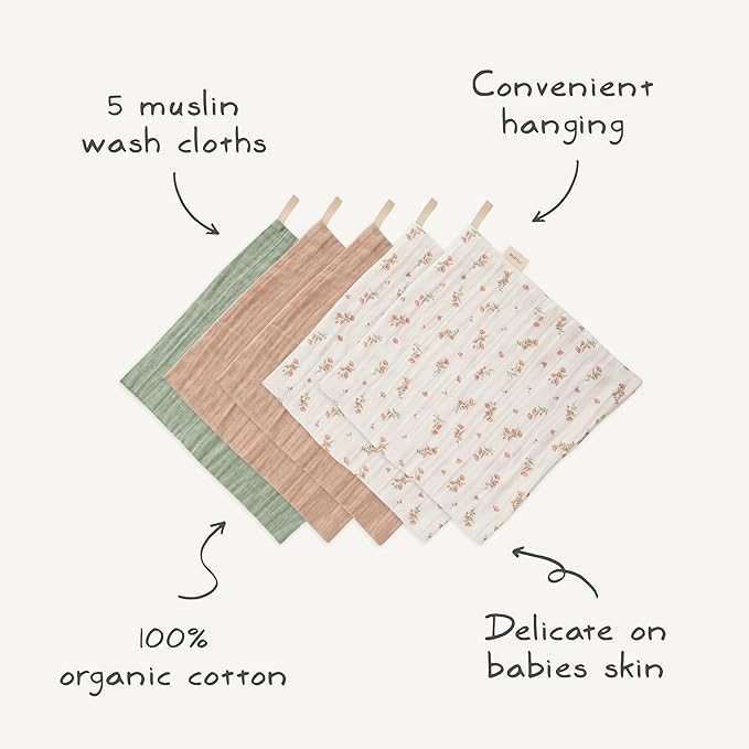 mushie Muslin Organic Cotton Washcloths 5-Pack (Pastel Blooms Combo) | Soft Wipes for Baby Cleanups and Bathing