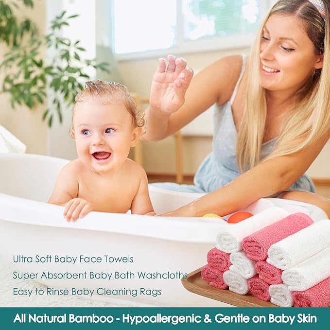 Baby Washcloths 12 Pack, 10x10 inch Heavenly Soft Wash Cloth for Face and Body, Gentle & Safe Pink Face Towel on Sensitive Skin, Baby Essentials Bath Shower Gifts for Girl Infant Kid Toddler Children