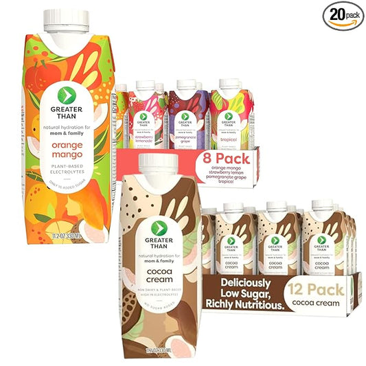 Greater Than Lactation Supplement Support, Coconut Water, Vitamins & Electrolyte Drink for Breastfeeding, Breast Milk & Immune Support, Variety Pack & Cocoa Cream (20 Pack)