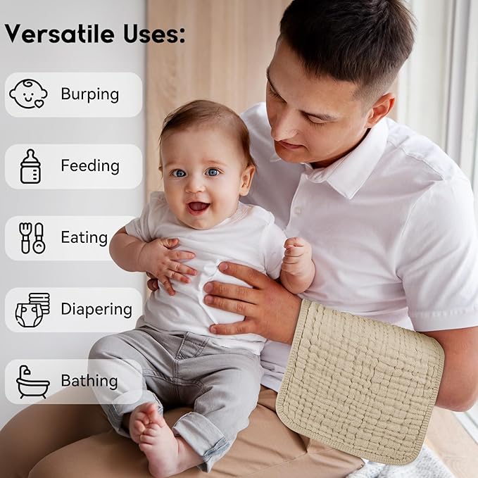 Muslin Burp Cloths for Baby 100% Cotton Burping Cloths for Boys Girls Large 20''X10'' Extra Soft and Absorbent 12 Pack - Gradient Khaki