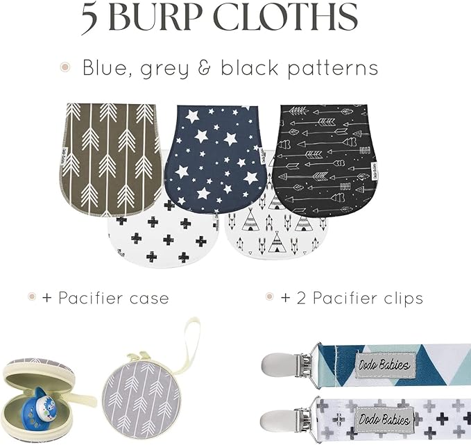 Dodo Babies 5-Pack Baby Burp Cloths - Soft Absorbent & Neutral Burp Cloths - Contoured Shoulder Fit & Baby Boy Essentials - Includes Pacifier Case & Pacifier Clip - Blue Grey Black, 2 Clips & 1 Case