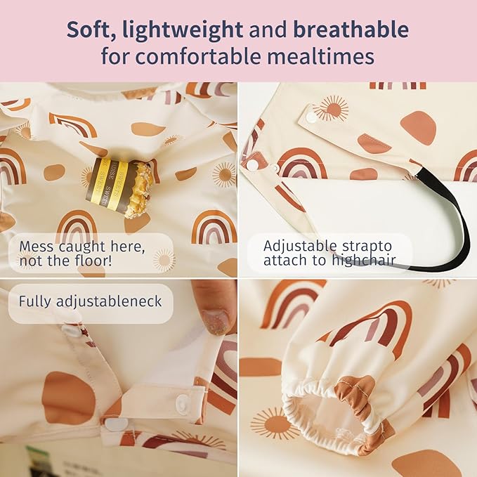 Long Sleeve Baby Bib - Mess-Proof Feeding Bibs for Babies - Adjustable, Waterproof, and Highchair/Table Attachment
