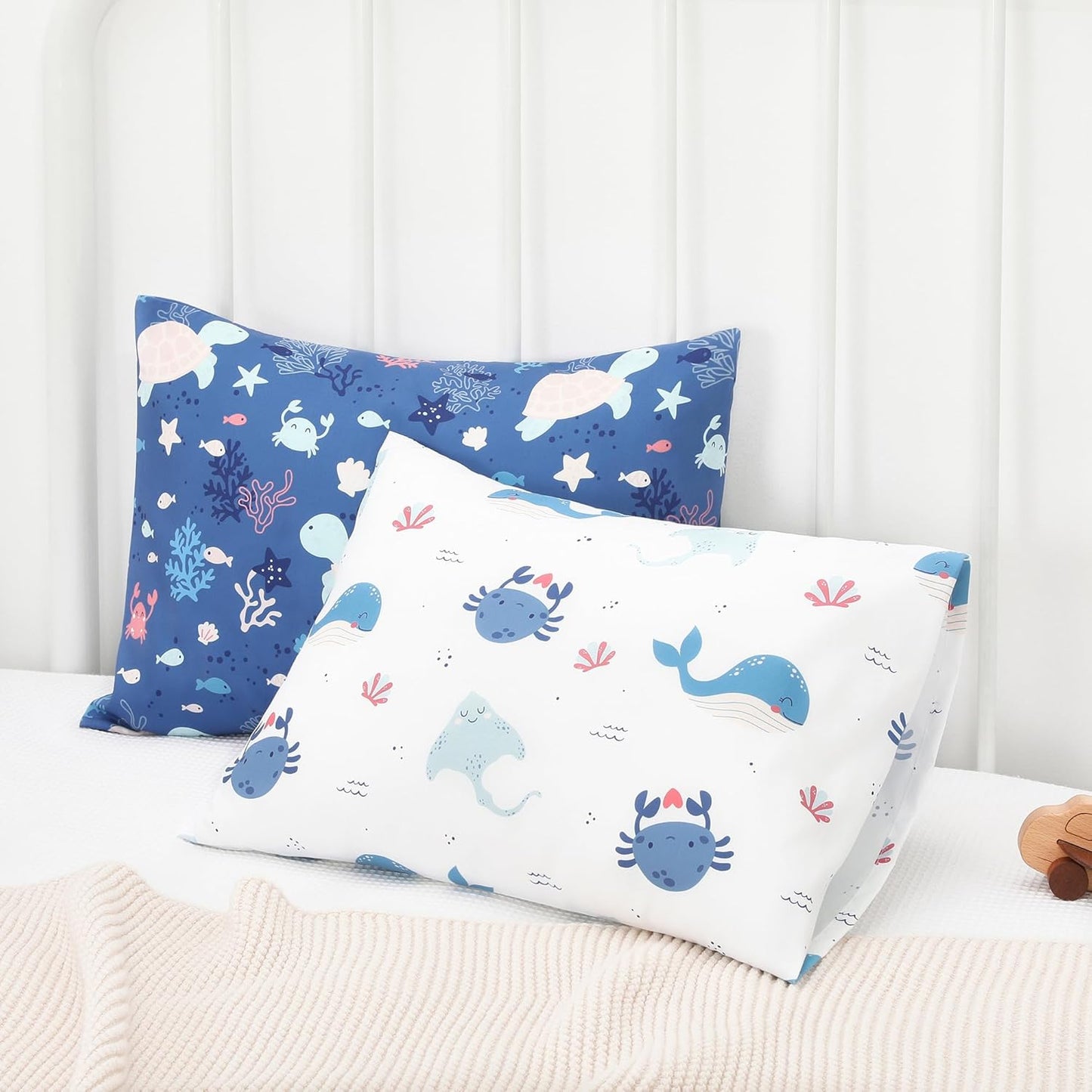 TILLYOU Toddler Pillowcase 2 Pack with Envelope Closure,13" x 18" Silky Soft Microfiber Travel Kids Pillowcase for Boys and Girls, Beach Time Turtle&Manta Ray