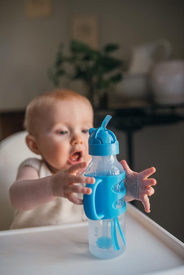 Dr. Brown's Milestones Narrow Sippy Straw Bottle, Spill-Proof with 100% Silicone Handles and Weighted Straw, 8 oz/250 mL, Blue, 6m+