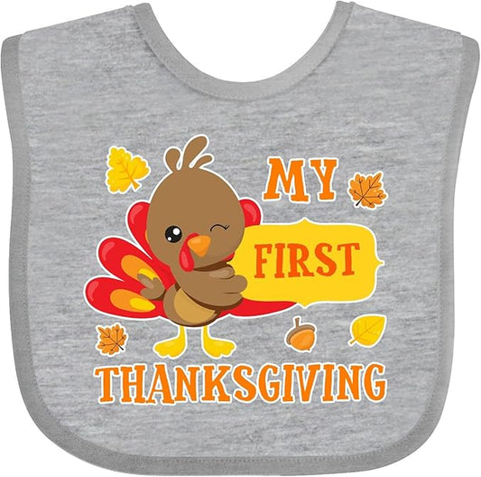 inktastic My First Thanksgiving with Turkey and Leaves Baby Bib