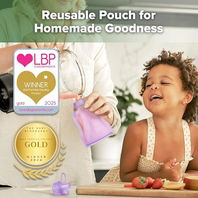 haakaa Baby Food Pouch Refillable Baby Squeeze Silicone Yummy Pouch, Soft Reusable Squeeze Storage Food Pouch for Kids Toddler,Home Made Food Puree,Smoothie Pouch Bag, 4oz, 4 Pack,6m+(Lavender)