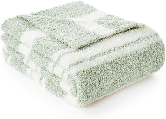 Snuggle Sac Stripe Sage Green Blanket Twin Size, Reversible Super Soft Warm Bed Blankets, Cozy Knit Fuzzy Blanket for Bed,Sofa, Living Room, Stripe Green, 60"x80"