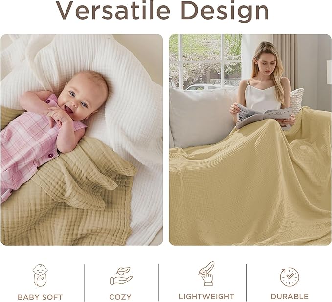 Threadmill Summer Muslin Twin Blanket | 4-Layer Gauze for Couch or Bed | Cozy All-Season Lightweight | 100% Cotton Ideal for Bed| Blanket