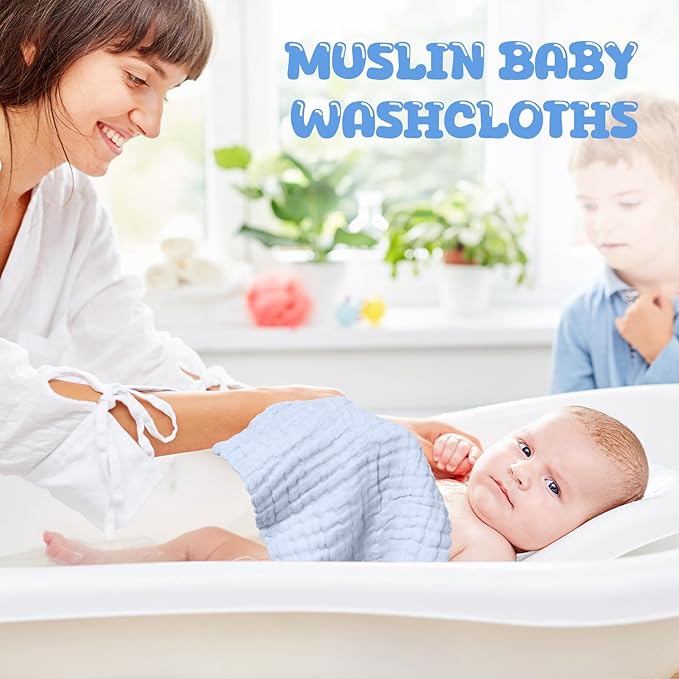 Breling 20 Pcs Baby Muslin Washcloth 12 x 12 Inch 100% Cotton Soft and Absorbent Muslin Washcloth Burp Cloth Wipe Newborn Face Towel for Baby Boy Girl Sensitive Skin(White, Light Blue, Blue)