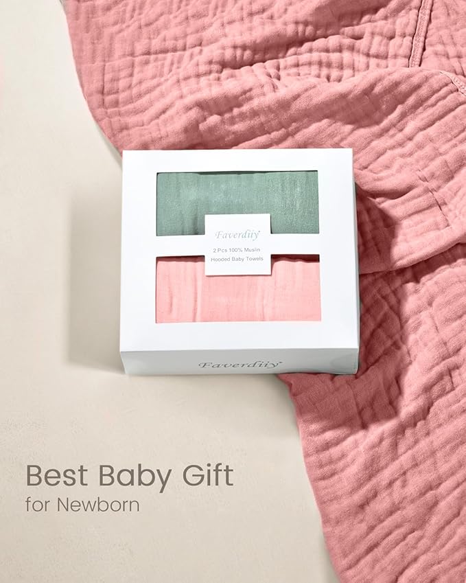 Hooded Baby Towels for Newborn, 35x35 Inch 2 Pack 100% Muslin Cotton Baby Bath Towel with Hood for Baby Toddler and Kids Baby Boy & Girl Towels, Dusty Pink+ Roman Green