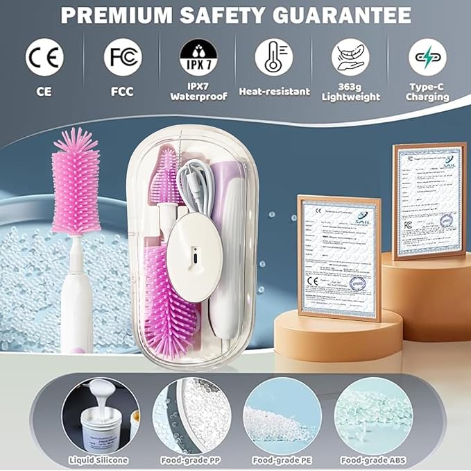 Electric Bottle Brush Set with Silicone Pacifier/Straw Brush and Mixing Head, Water Bottle Cleaner with Drying Rack, 2 Modes & 360 Rotation (Purple)