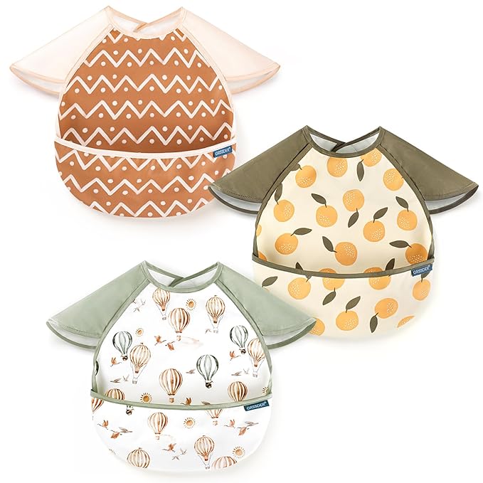 GRSSDER 3-pack Mess Proof Baby Feeding Bibs with Food Catcher Pocket, Soft Lightweight Waterproof Fabric Material with Zero Plastic-like Feel, Adjustable and Easy Clean Toddler Bibs for 6-36 Months