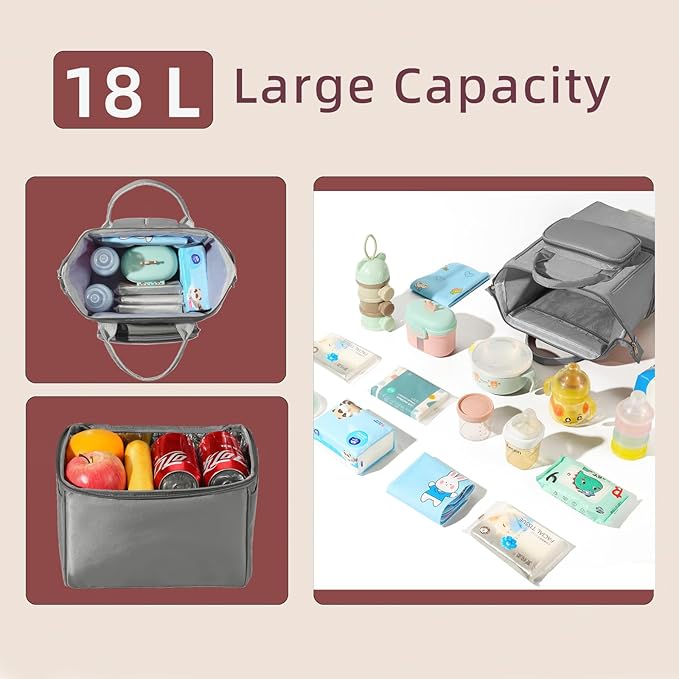 Insulated Bottle Cooler Bag, Holds 6×9oz, 18L Large 2-n-1 Backpack Lunch Bag for Nursing, Work, Daycare (Gray)