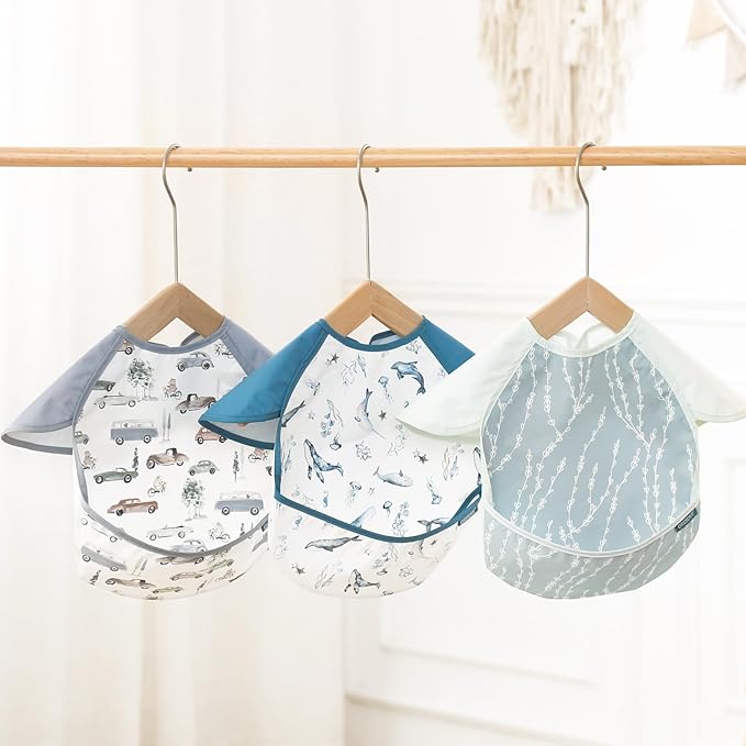 GRSSDER 3-pack Mess Proof Baby Feeding Bibs with Food Catcher Pocket, Soft Lightweight Waterproof Fabric Material with Zero Plastic-like Feel, Adjustable and Easy Clean Toddler Bibs for 6-36 Months