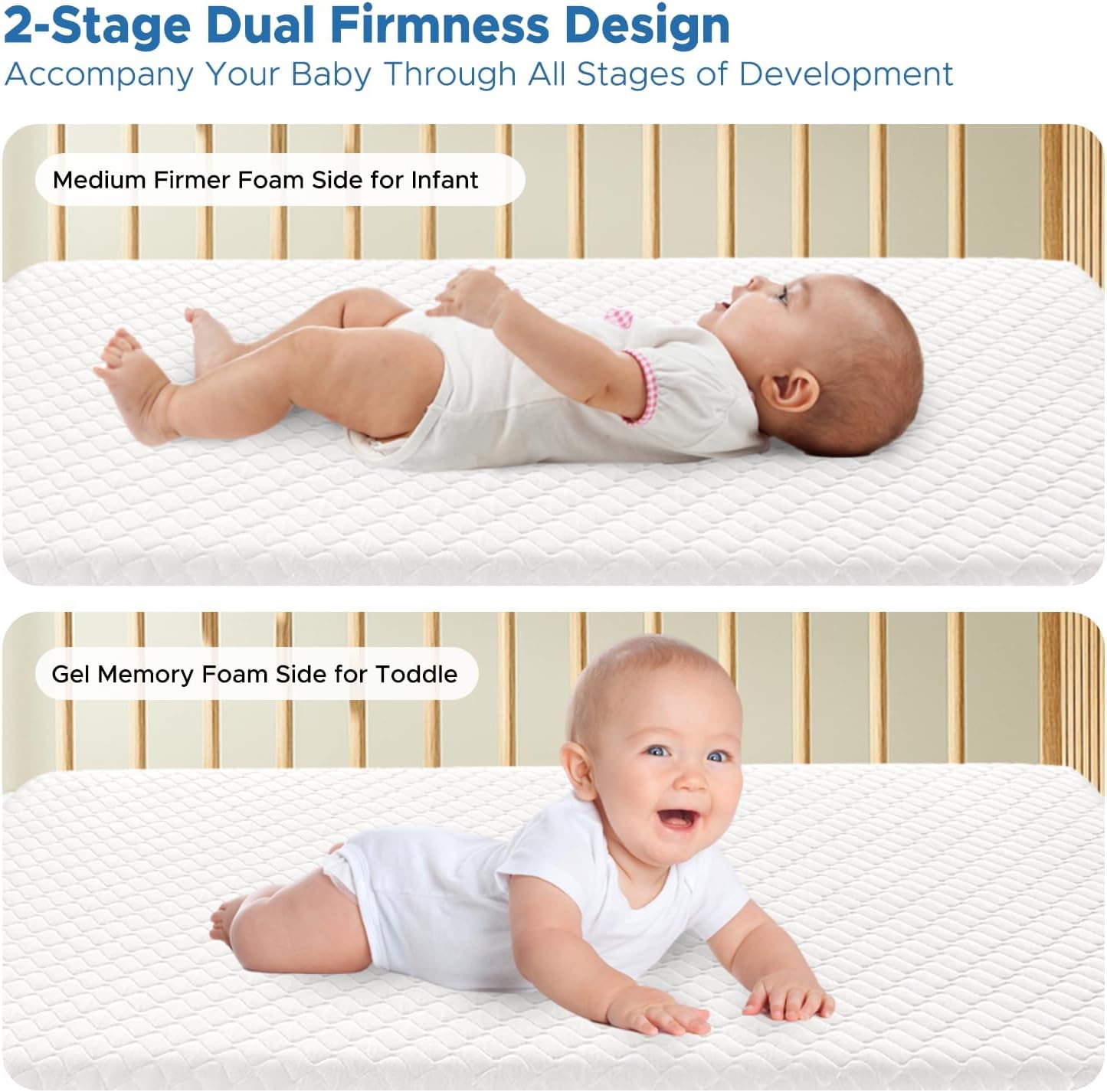 Crib Mattress, Dual-Sided Breathable Baby and Toddler Memory Foam Mattress with Removable and Washable Cover, 100% Knitted Fabric, Fits Standard Cribs and Toddler Beds, 52" x 28" x 5"