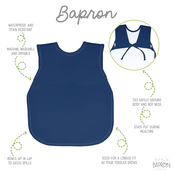 BapronBaby Minimalist Navy Blue Bapron - No Neck Tie Safer Bib for Baby & Toddler - Soft Waterproof Stain Resistant - Machine Washable - Sz Preschool 3-5yrs