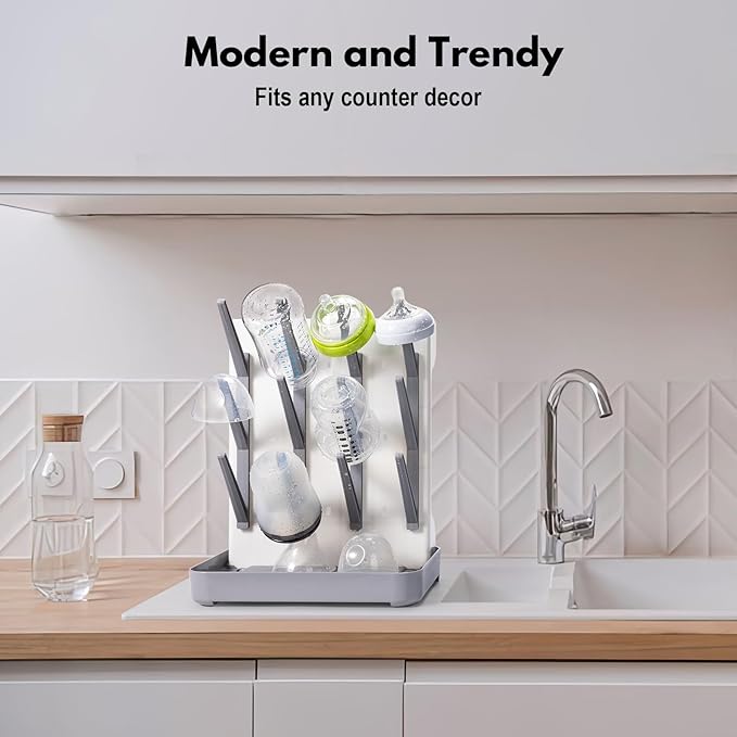 Space Saving Vertical Bottle Drying Rack, Large Countertop Baby Bottle Drying Rack Holder for Baby Bottles and Pump Parts, Gray