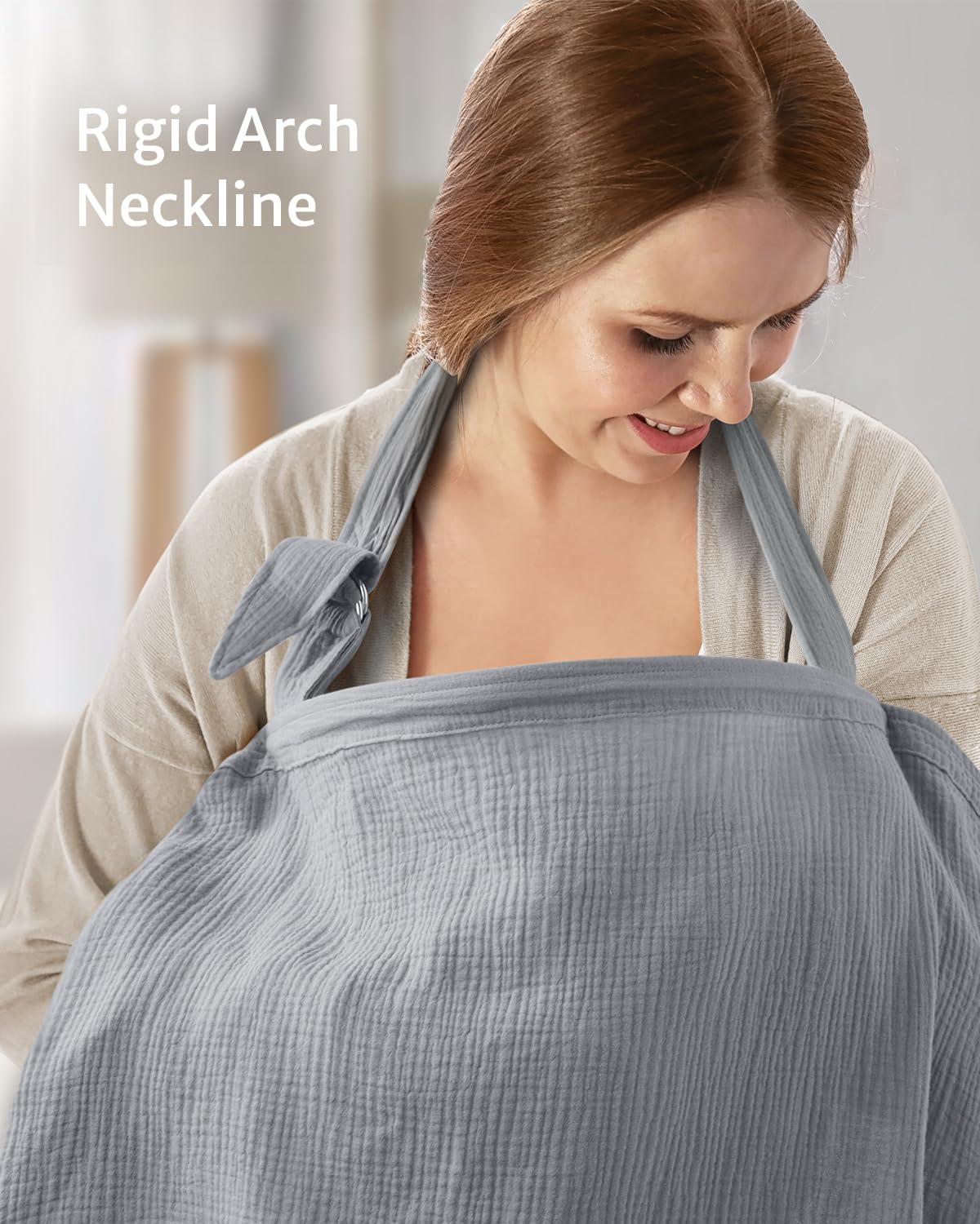 Blissful Diary Muslin Nursing Cover for Breastfeeding, Breathable Breastfeeding Cover up with Arch Neckline for Women, Nursing Apron (Light Grey)