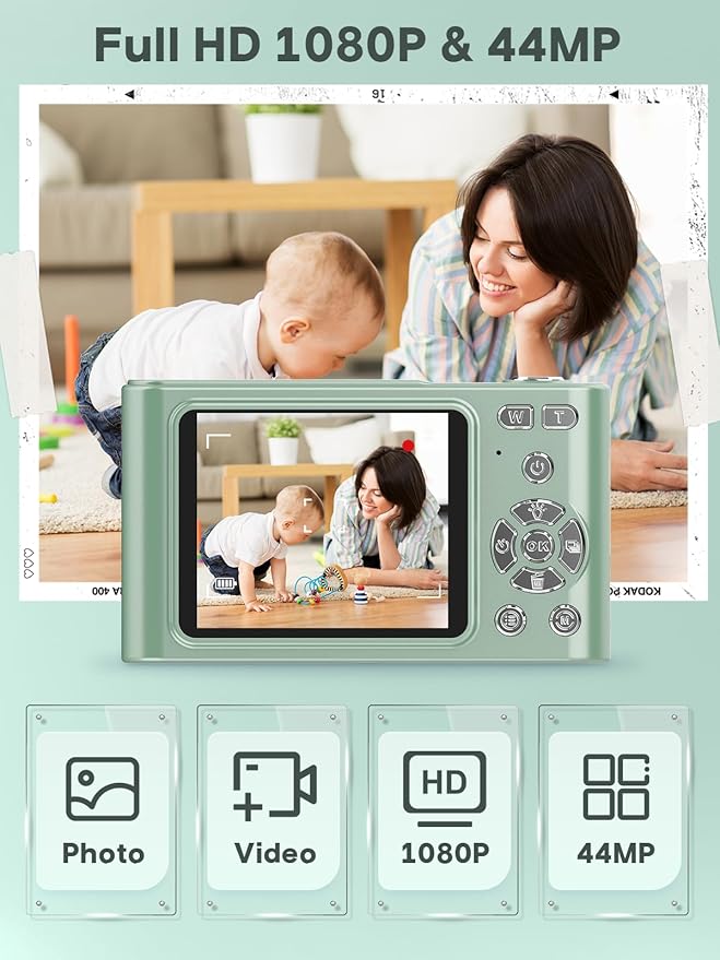2025 Digital Camera - 1080P Vlog Camera, 44MP Compact, 16X Zoom, Anti-Shake, Green Gift for Kids