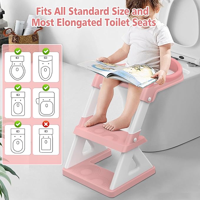 2 in 1 Potty Training Toilet Seat & Toddler Step Stool, Bottom Triangle Stability Toddler Toilet Seat, Adjustable Step & Seat Height Potty Seats for Toddlers Boys Girls (Pink)