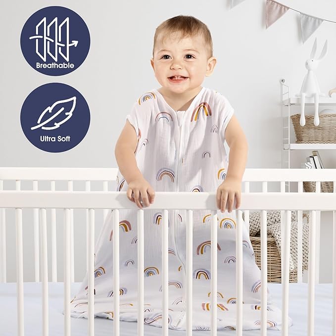 2 Pack Baby Sleep Sack 12-18 Months 100% Organic Cotton Muslin Baby Sleeping Bag 2-Way Zipper Wearable Blankets (Rainbow & Leaf, Large)